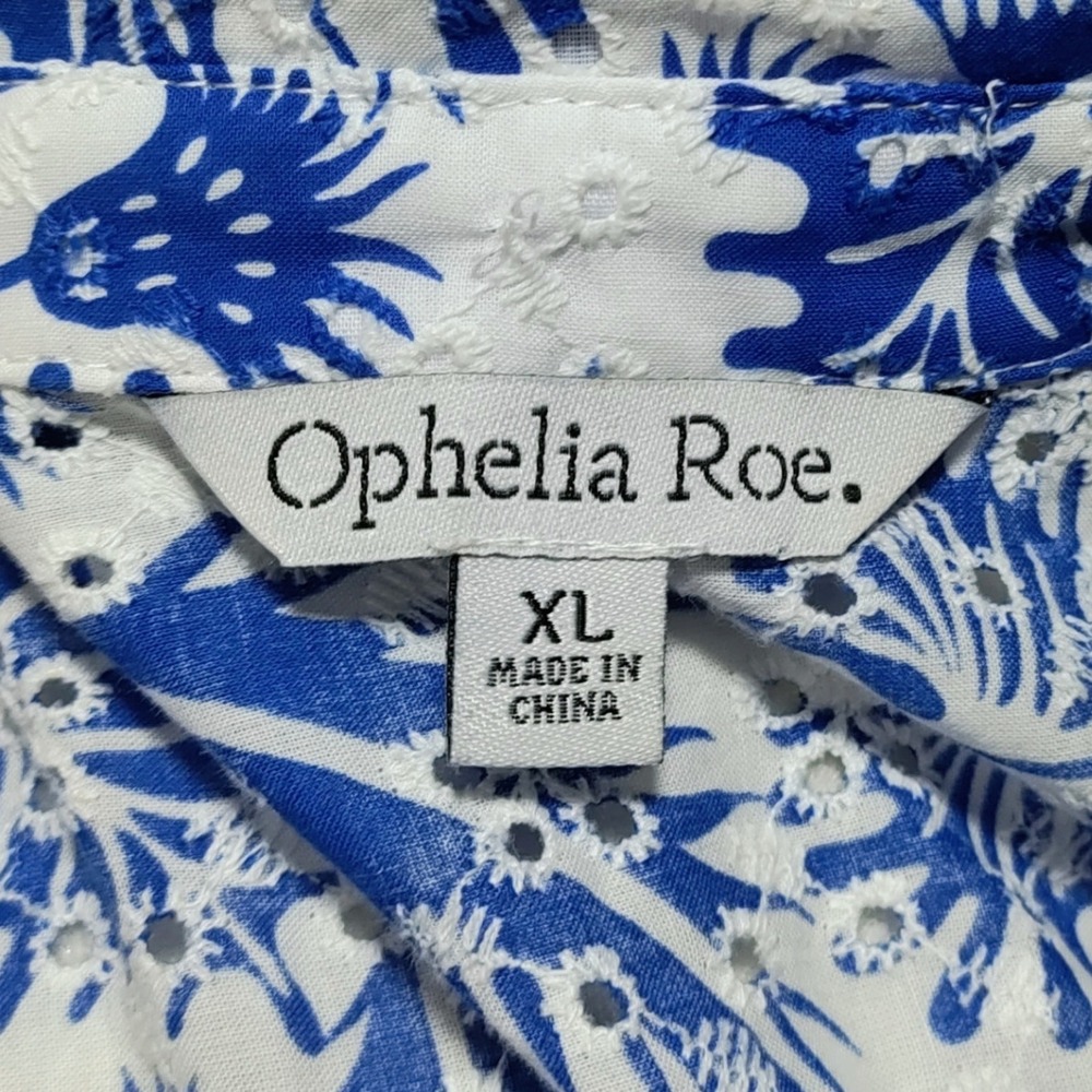Ophelia Roe Eyelet Midi Dress Blue White Leaf Print Cottagecore Tradwife Size XL - Picture 10 of 13